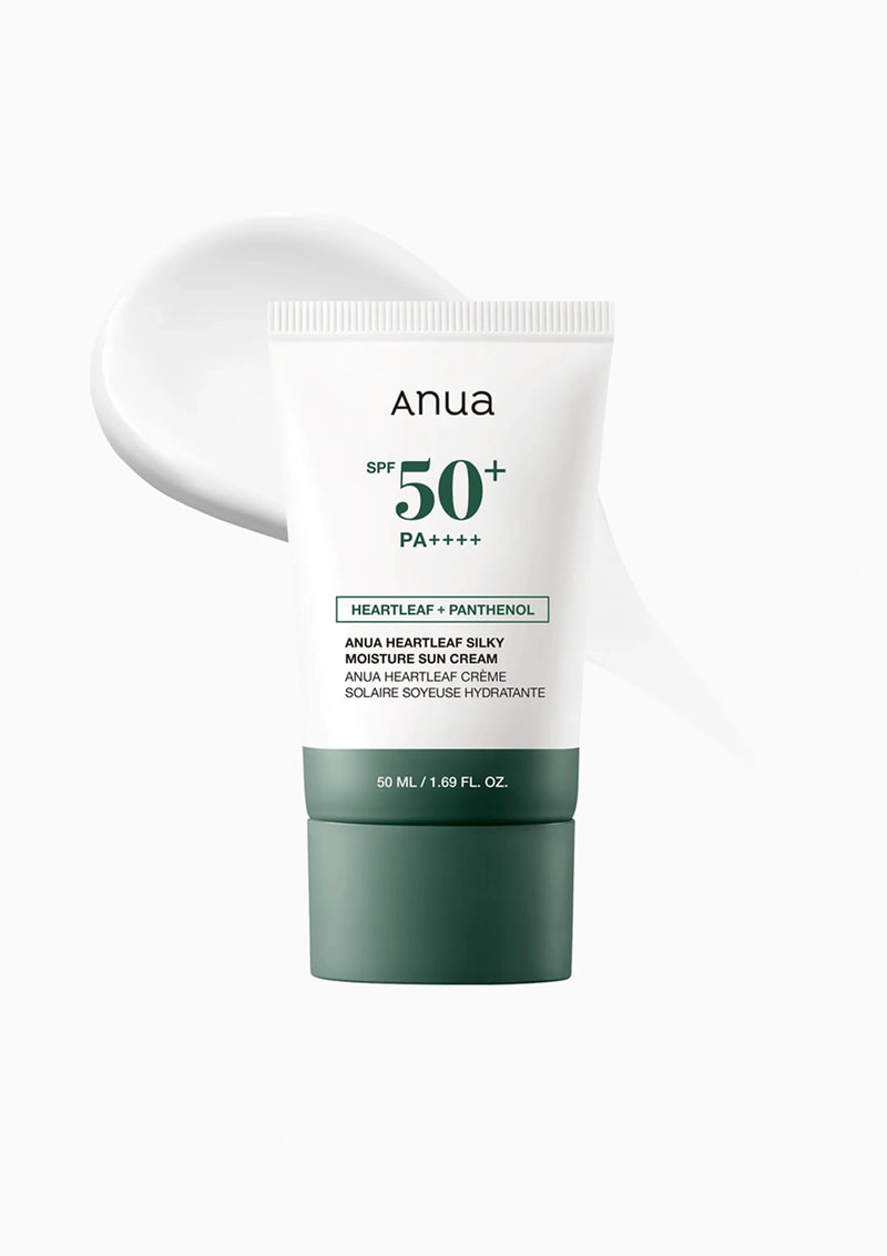 Anua sunscreen cream tube with SPF 50+ on a white background