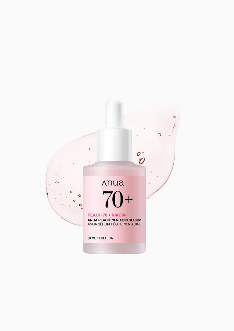 Anua 70+ skincare serum bottle with dropper on a white background