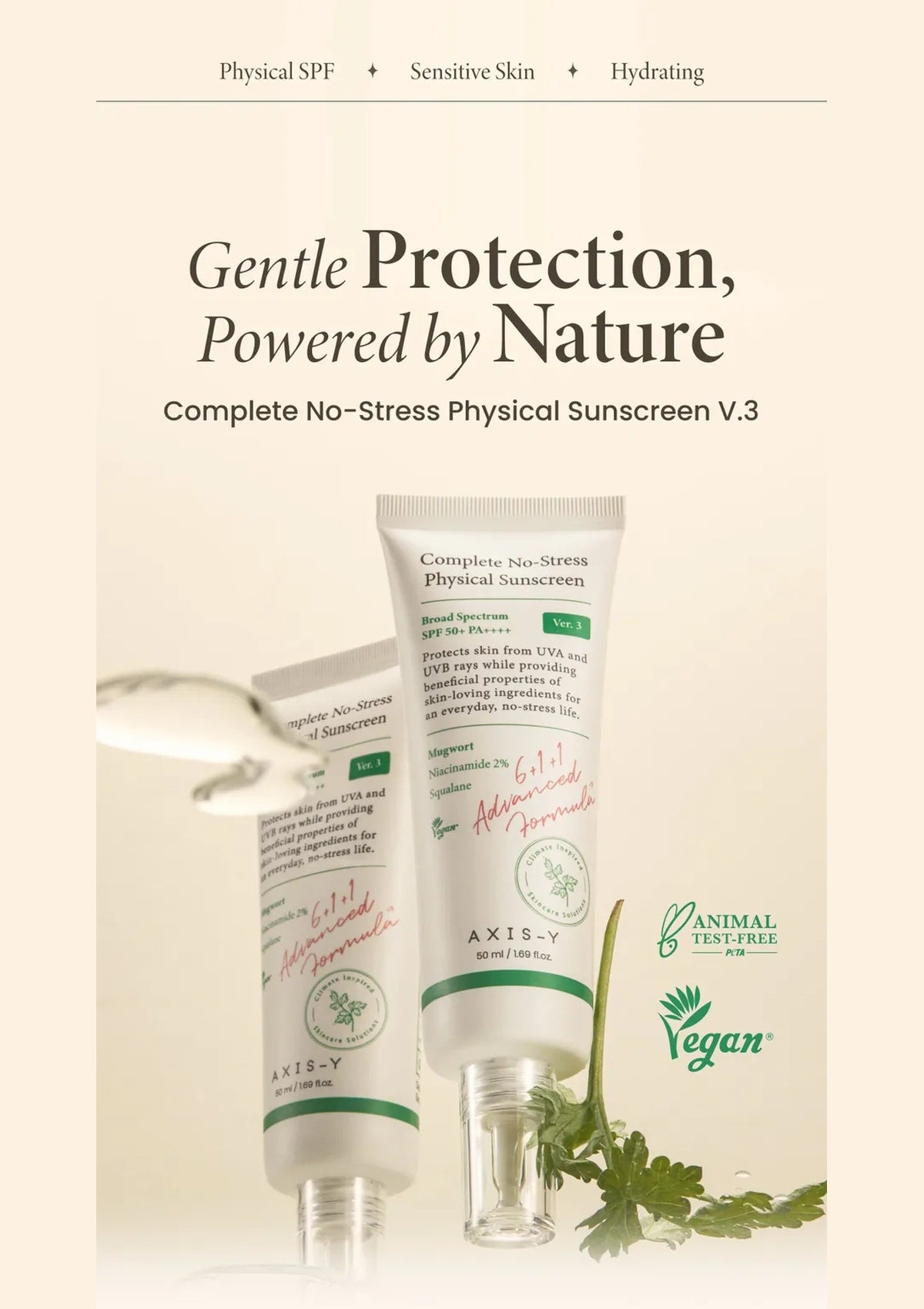 AXIS-Y Complete No-Stress Physical Sunscreen V3 50ml — introduction; original brand product information