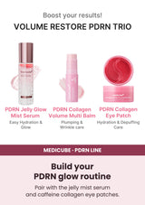 MEDICUBE PDRN routine with Jelly Mist Serum, Collagen Volume Multi Balm and Caffeine Collagen Eye Patch