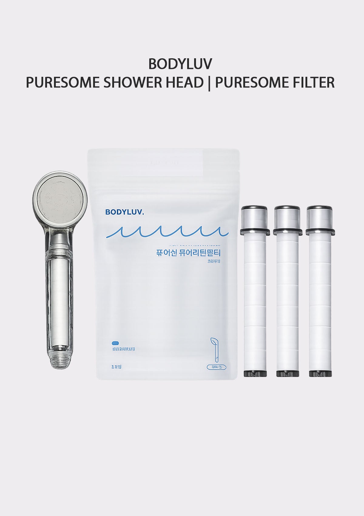BODYLUV Puresome Shower Head and Puresome Filter kit on a light gray background, featuring a silver shower head, a white pouch, and three white filter cartridges.