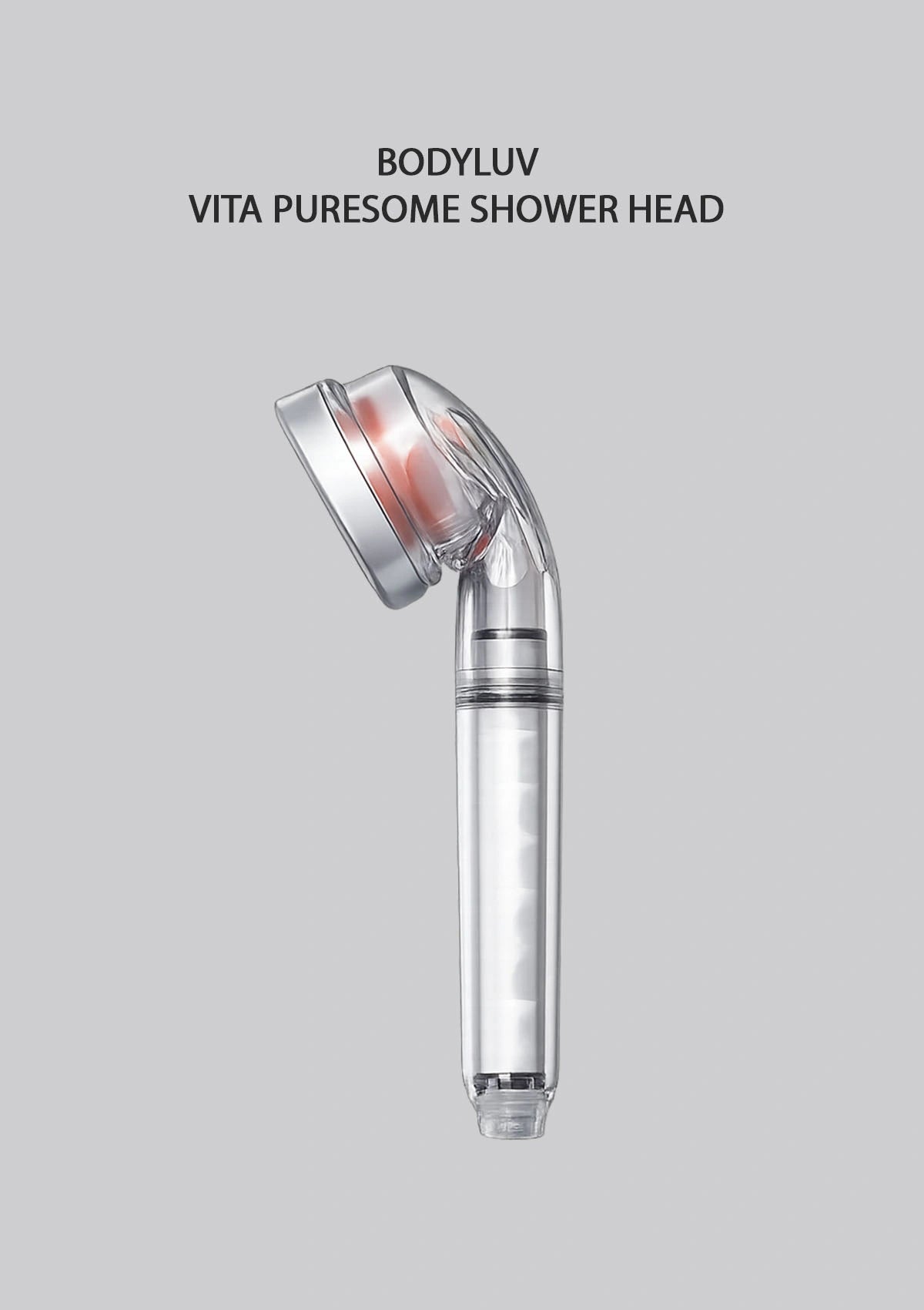 Bodyluv Vita Puresome Shower Head shown on a solid gray background with black text above reading 'BODYLUV VITA PURESOME SHOWER HEAD'. The shower head is transparent with a silver-toned head and a red illuminated ring around the spray head.