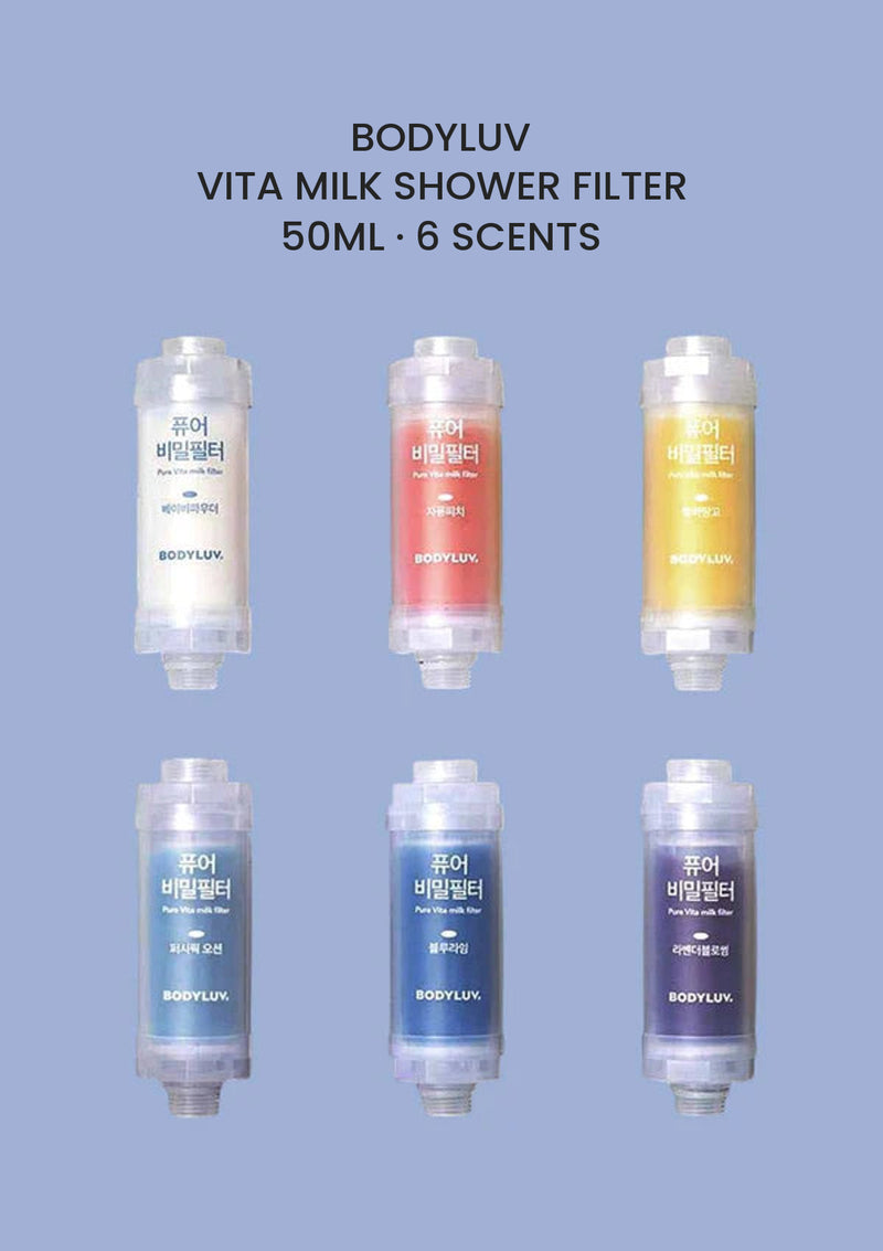 BODYLUV Vita Milk Shower Filter 50ml in all six scents on the approved periwinkle background