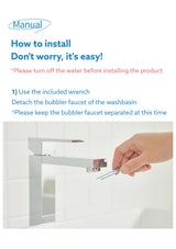 Turn off the water and use the included wrench to remove the basin faucet aerator