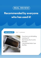 Promotional graphic with a blue background and a review card showing a dirty filter cartridge and customer text, labeled 'REAL REVIEW' and 'Recommended by everyone who has used it!'.