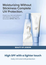 Beauty of Joseon Relief Sun Aqua-Fresh: Rice + B5 SPF50+ PA++++: fresh sun protection — High SPF with a lighter touch.