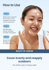 Beauty of Joseon Relief Sun Aqua-Fresh: Rice + B5 SPF50+ PA++++: how to use — Cover evenly and reapply outdoors.