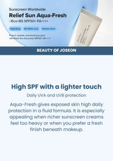 Beauty of Joseon Relief Sun Aqua-Fresh: Rice + B5 SPF50+ PA++++: fresh sun protection — High SPF with a lighter touch.