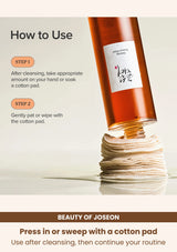 Beauty of Joseon Ginseng Essence Water: Press in or sweep with a cotton pad.