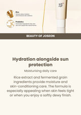 Beauty of Joseon Relief Sun: Rice + Probiotics SPF50+ PA++++: rice + fermented grains — Hydration alongside sun protection.