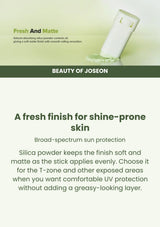 Beauty of Joseon Matte Sun Stick: Mugwort + Camelia SPF50+ PA++++: matte protection — A fresh finish for shine-prone skin.