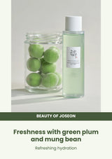 Beauty of Joseon Green Plum Refreshing Toner: AHA + BHA: botanical moisture — Freshness with green plum and mung bean.