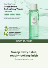 Beauty of Joseon Green Plum Refreshing Toner: AHA + BHA: exfoliating care — Sweep away a dull, rough-looking finish.