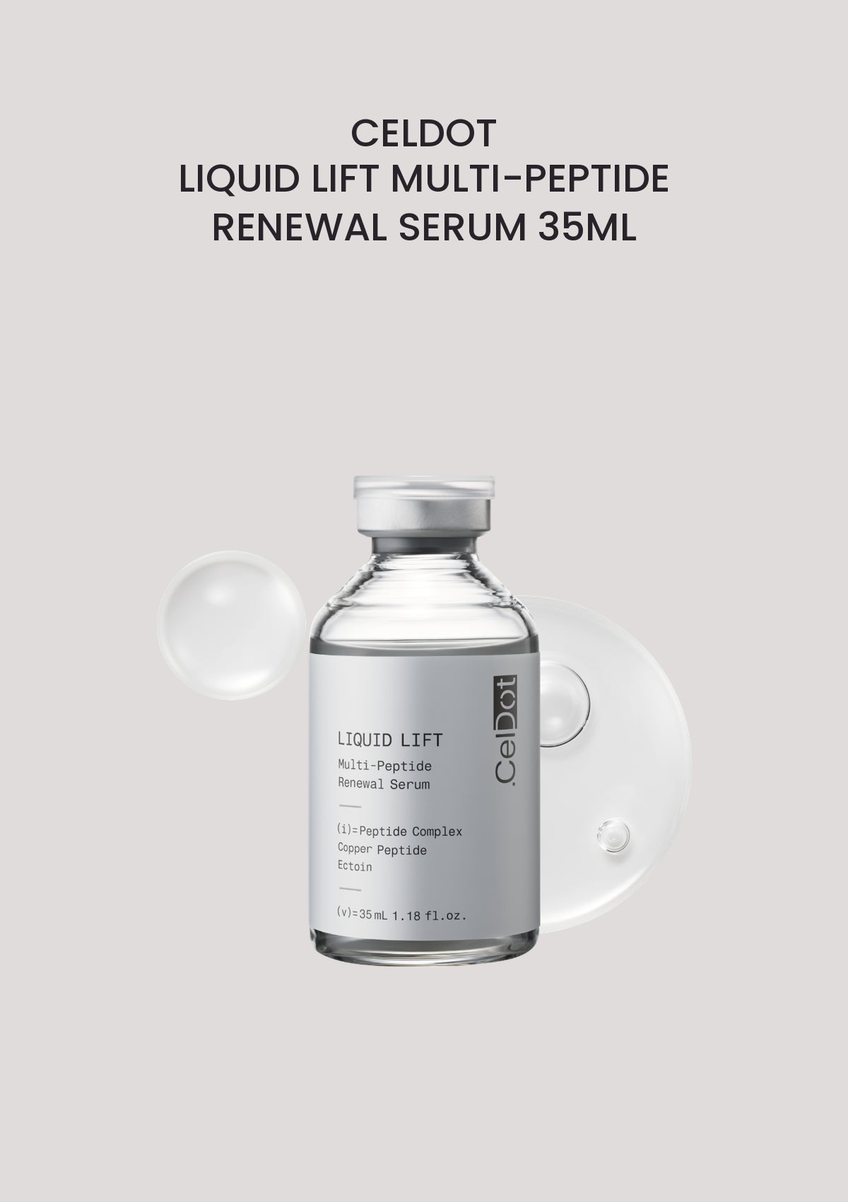 CELDOT Liquid Lift Multi-Peptide Renewal Serum 35ml vial with serum texture on a soft grey background