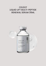 CELDOT Liquid Lift Multi-Peptide Renewal Serum 35ml vial with serum texture on a soft grey background