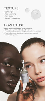 CelDot Liquid Lift Multi-Peptide Renewal Serum 35ml — Lightweight, fast-absorbing, non-sticky texture and how-to-use directions with application photography