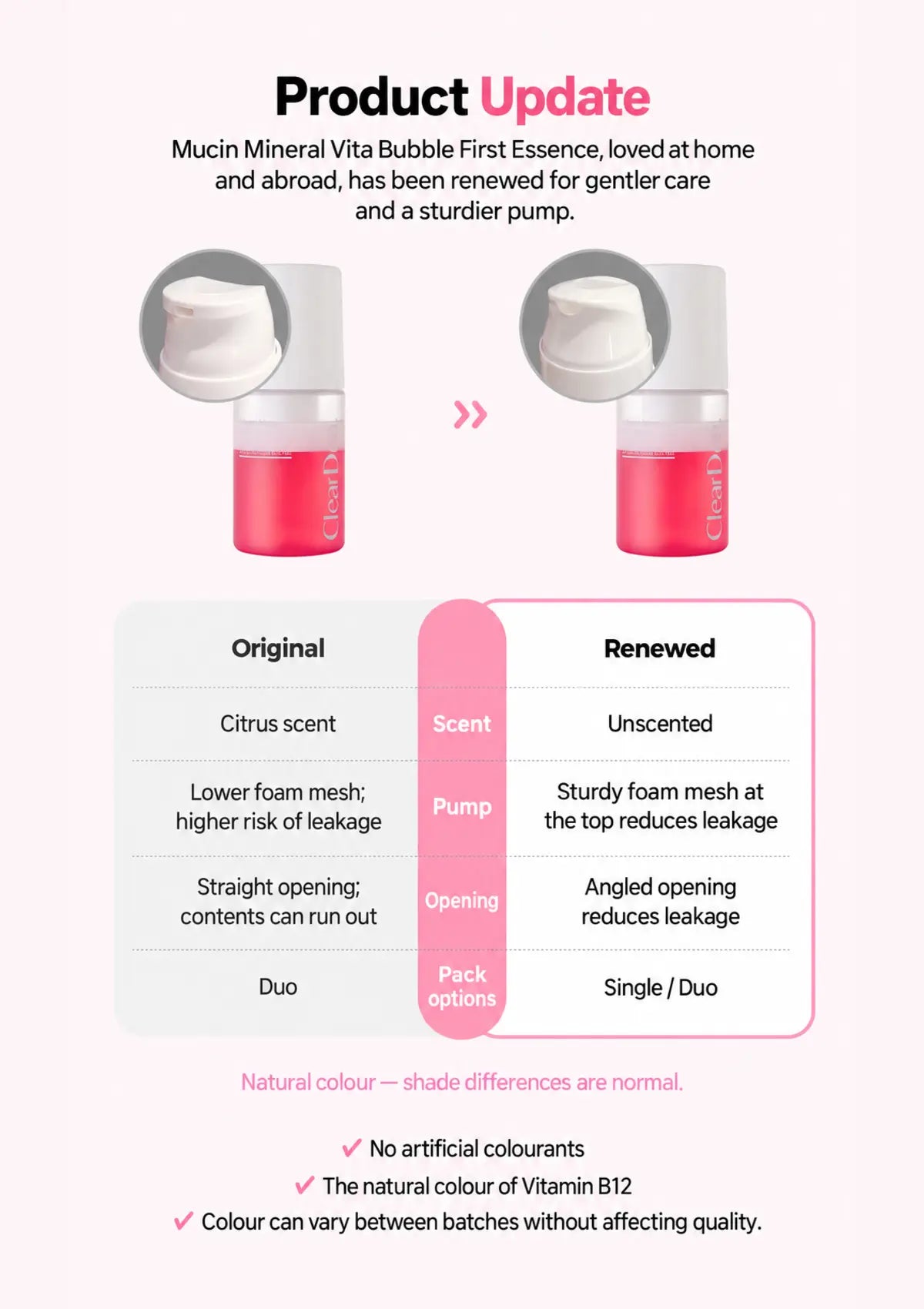 CLEARDEA Bubble First Essence original and renewed pump comparison, unscented renewal and natural Vitamin B12 colour