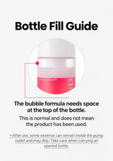CLEARDEA Bubble First Essence bottle-fill guidance explaining normal headspace and pump care