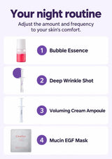 CLEARDEA night routine: Bubble Essence, Deep Wrinkle Shot, Voluming Cream Ampoule and EGF Mask