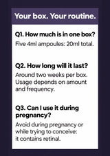 Five 4ml ampoules per box, approximate use duration and retinal pregnancy precaution