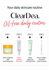 CLEARDEA four-step daily routine: peeling pad, Minari Gel Serum, soothing cream and cream ampoule