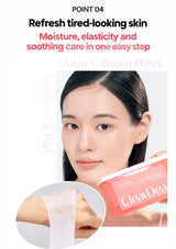 CLEARDEA model holding PDRN pads with a hand inset showing the close sheet fit