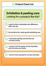 English checklist for gentle exfoliating care, excess oil, dullness and face-and-body use