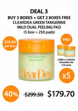 CLEARDEA Green Tangerine Mild Dual Peeling Pad Deal 3: buy 3 boxes and get 2 free, 250 pads, $179.70, usual $299.50, 40% saving