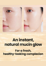 Original before and after photographs of the luminous finish from CLEARDEA Mucin Skin Tinted Base