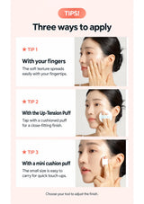 Three application methods for CLEARDEA tinted base: fingertips, Up-Tension Puff and mini cushion puff