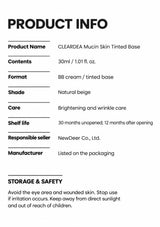 CLEARDEA Mucin Skin Tinted Base 30ml specifications, shelf life and storage guidance