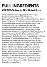 Full English ingredient list for CLEARDEA Mucin Skin Tinted Base