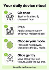 CLEARDEA daily device ritual: cleanse, prep, choose the LED mode and glide gently