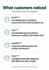 Translated Korean product-listing customer feedback on glow, layering, spots and skin texture