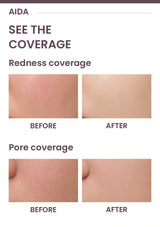 Authentic before-and-after photographs of visible redness and pore coverage; English labels