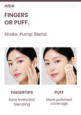 Authentic application photos showing fingertip blending and a puff finish
