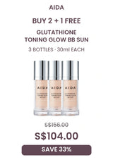 AIDA BB Sun 3-bottle offer, 30ml each: S$104.00, regular S$156.00, save 33 percent
