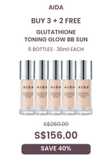 AIDA BB Sun 5-bottle offer, 30ml each: S$156.00, regular S$260.00, save 40 percent