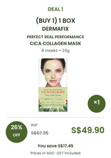 Buy 1 box of DERMAFIX Cica Collagen Mask: 8 masks × 23g. COCOMO price S$49.90, RSP S$67.35, save 26%. SGD, GST included.