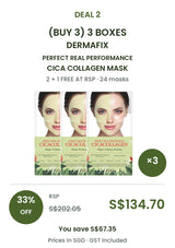 Buy 3 boxes of DERMAFIX Cica Collagen Mask: 24 masks × 23g. COCOMO price S$134.70, RSP S$202.05, save 33%. SGD, GST included.