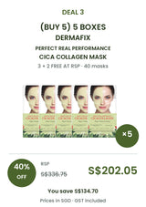 Buy 5 boxes of DERMAFIX Cica Collagen Mask: 40 masks × 23g. COCOMO price S$202.05, RSP S$336.75, save 40%. SGD, GST included.