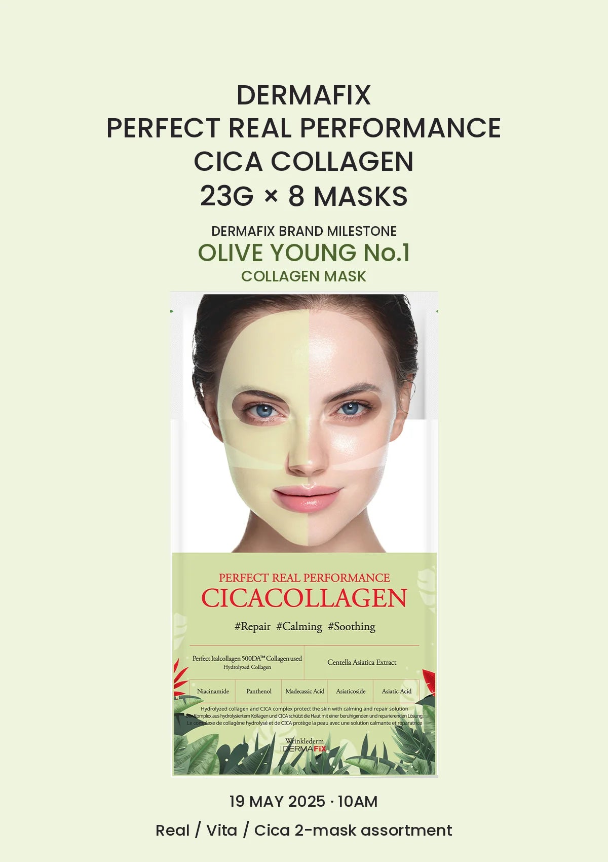 DERMAFIX Perfect Real Performance Cica Collagen Mask, 1 box of 8 masks × 23g, with authentic product packaging on a matching green background.