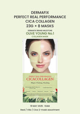 DERMAFIX Perfect Real Performance Cica Collagen Mask, 1 box of 8 masks × 23g, with authentic product packaging on a matching green background.