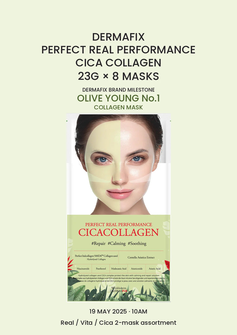 DERMAFIX Perfect Real Performance Cica Collagen Mask, 1 box of 8 masks × 23g, with authentic product packaging on a matching green background.