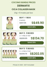 DERMAFIX Cica Collagen Mask bundle prices: 1 box of 8 masks S$49.90, RSP S$67.35, save 26%; 3 boxes (24 masks total) S$134.70, RSP S$202.05, save 33%; 5 boxes (40 masks total) S$202.05, RSP S$336.75, save 40%. Prices in SGD, GST included.