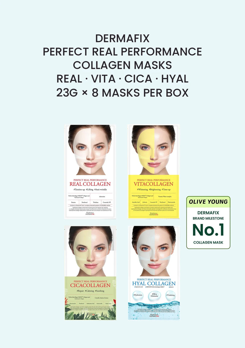 DERMAFIX Real, Vita, Cica and Hyal original packshots centred in a four-pack grid, with the original Olive Young DERMAFIX brand milestone badge at the right. 23g × 8 masks per box.