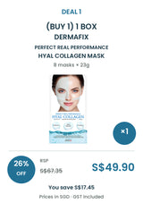 Buy 1 box of DERMAFIX Hyal Collagen Mask: 8 masks × 23g. COCOMO price S$49.90, RSP S$67.35, save 26%. SGD, GST included.
