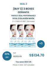 Buy 3 boxes of DERMAFIX Hyal Collagen Mask: 24 masks × 23g. COCOMO price S$134.70, RSP S$202.05, save 33%. SGD, GST included.