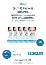 Buy 5 boxes of DERMAFIX Hyal Collagen Mask: 40 masks × 23g. COCOMO price S$202.05, RSP S$336.75, save 40%. SGD, GST included.