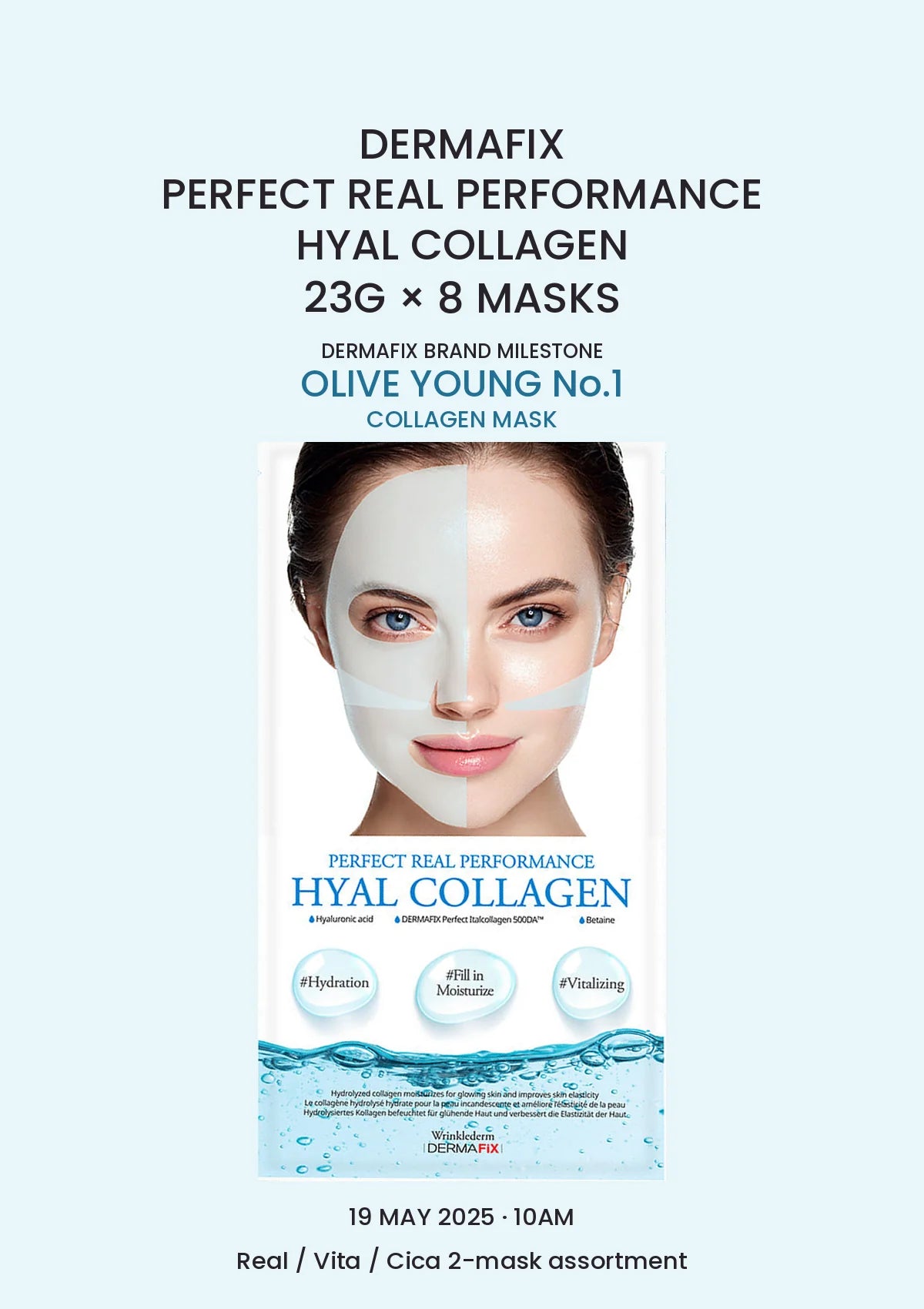 DERMAFIX Perfect Real Performance Hyal Collagen Mask, 1 box of 8 masks × 23g, with authentic product packaging on a matching blue background.
